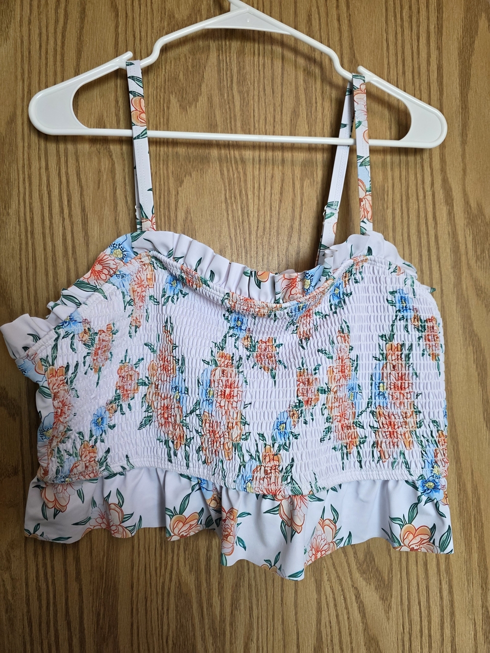 White Floral Two Piece Swimsuit with Ruffle Hem
